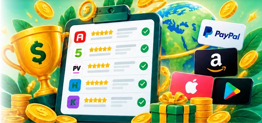 Decorative illustration of a comparison clipboard, trophy, globe and rewards